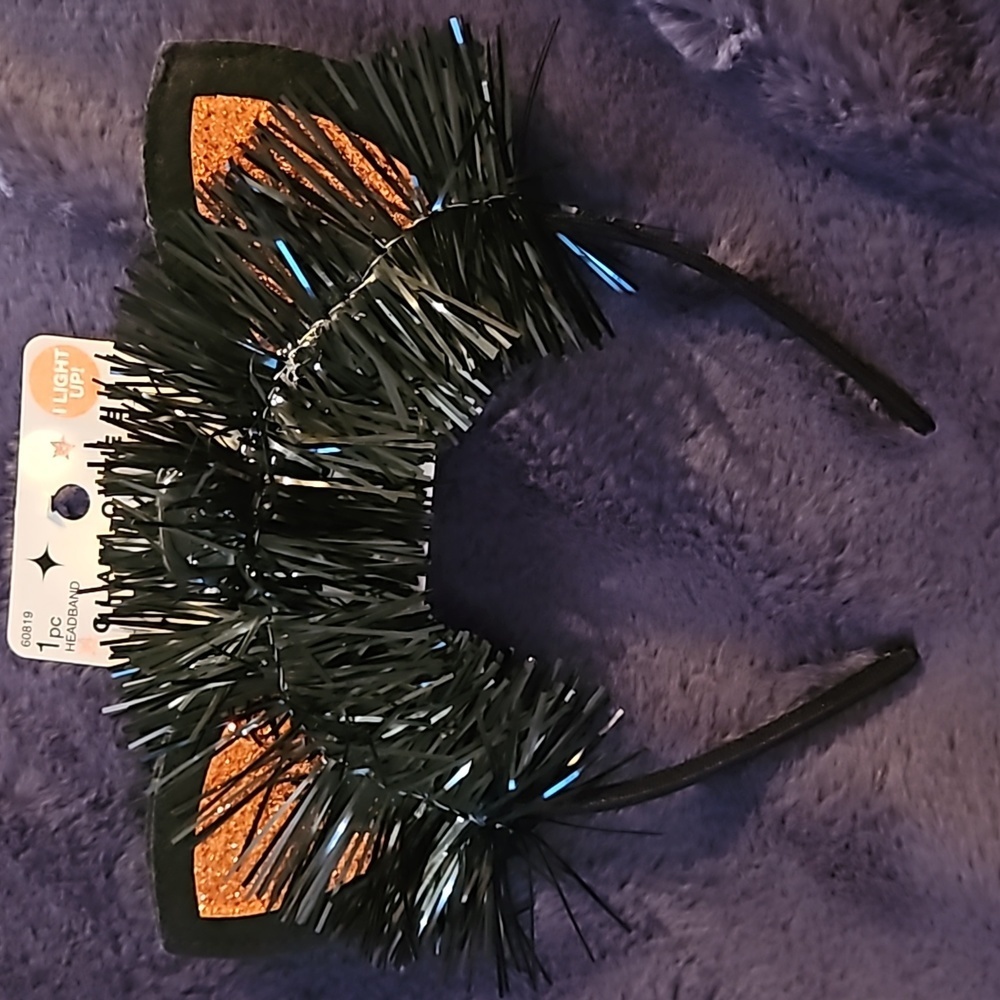 Glam-O-Ween Halloween Black Cat Headband Orange Glitter Ears Light-Up Blinking